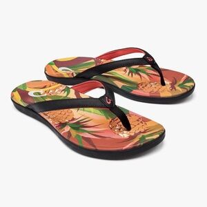 Olukai Women Ho’opio Hau Flip Flop Sandals - Black / Pineapple -